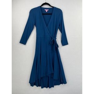 Lilly Pulitzer XS True Wrap Dress Blue 3/4 Sleeve High Low Stretch Jersey A36-11